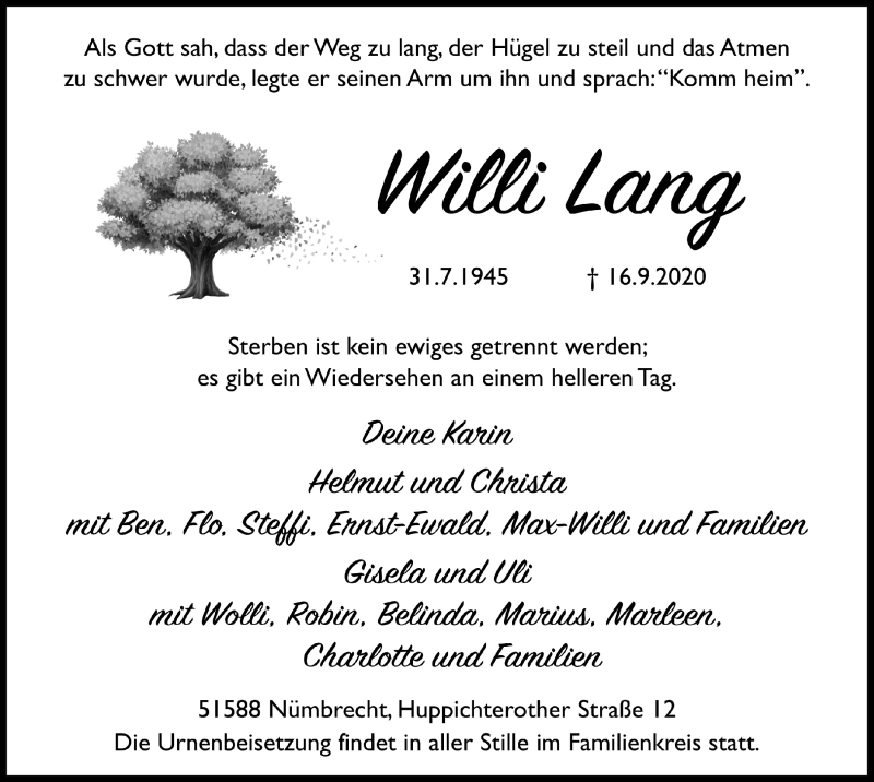  Traueranzeige für Willi Lang vom 25.09.2020 aus  Lokalanzeiger 