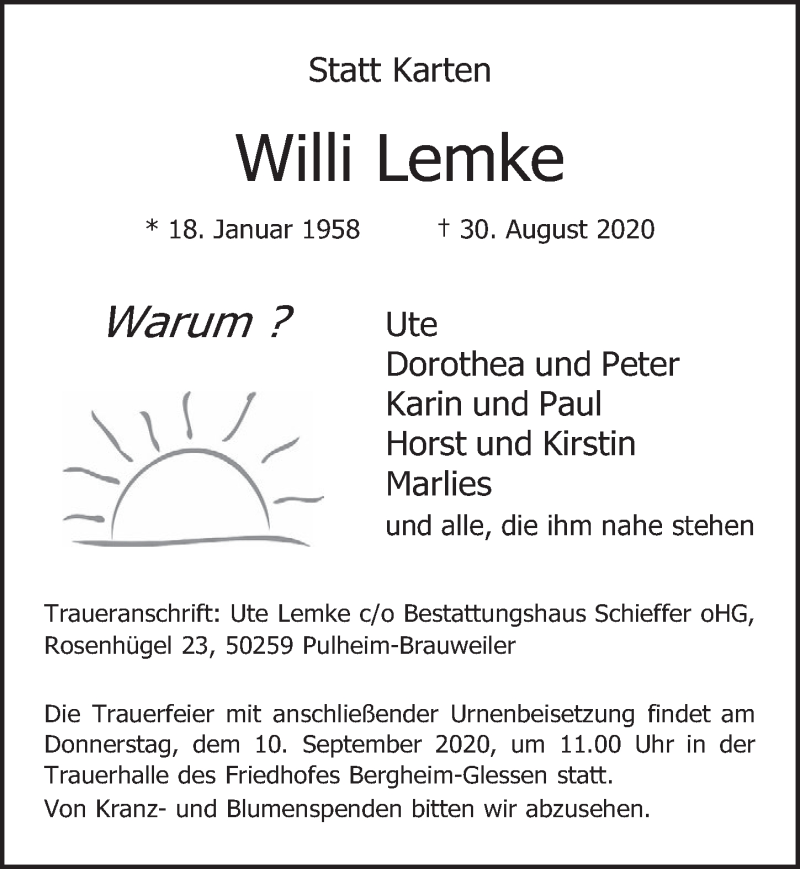  Traueranzeige für Willi Lemke vom 04.09.2020 aus  Wochenende 