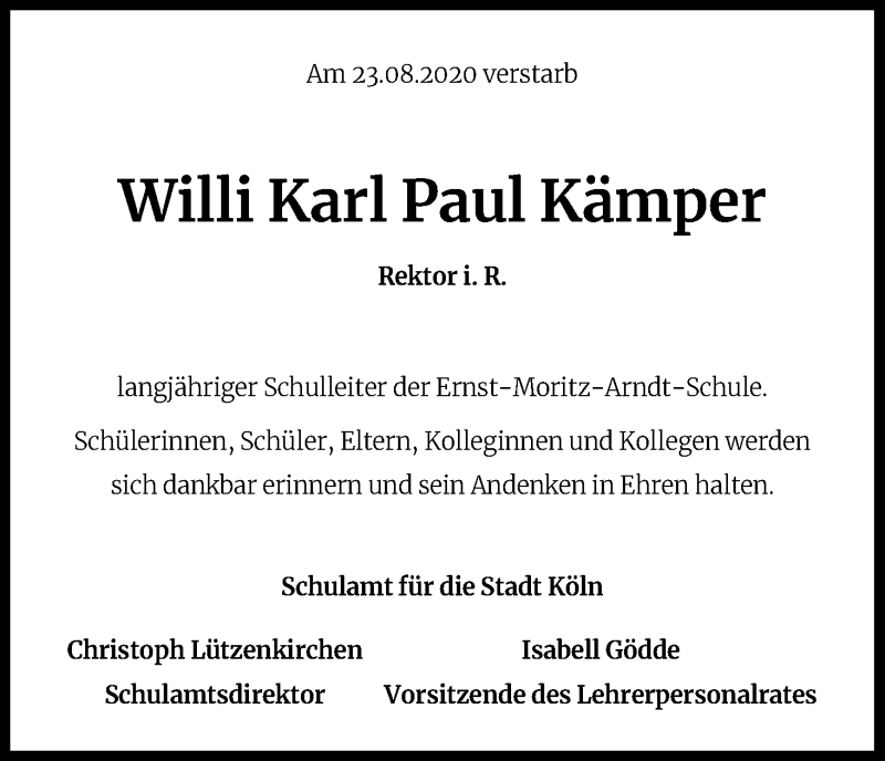  Traueranzeige für Willi Karl Paul Kämper vom 09.09.2020 aus Kölner Stadt-Anzeiger / Kölnische Rundschau / Express
