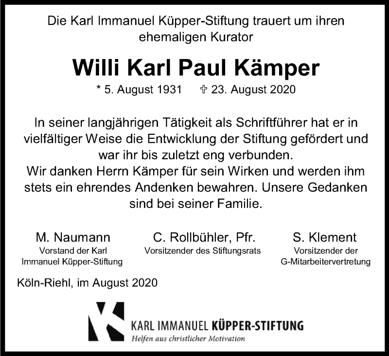  Traueranzeige für Willi Karl Paul Kämper vom 05.09.2020 aus Kölner Stadt-Anzeiger / Kölnische Rundschau / Express