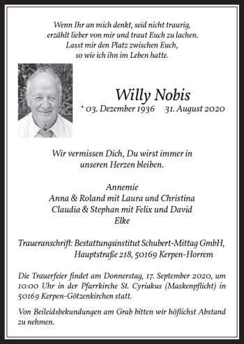 Anzeige von Willy Nobis von  Werbepost 