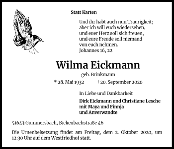 Anzeige von Wilma Eickmann von Kölner Stadt-Anzeiger / Kölnische Rundschau / Express