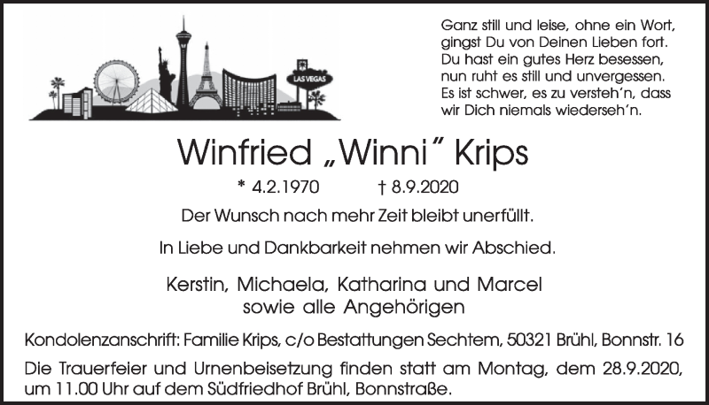  Traueranzeige für Winfried  Krips vom 18.09.2020 aus  Schlossbote/Werbekurier 