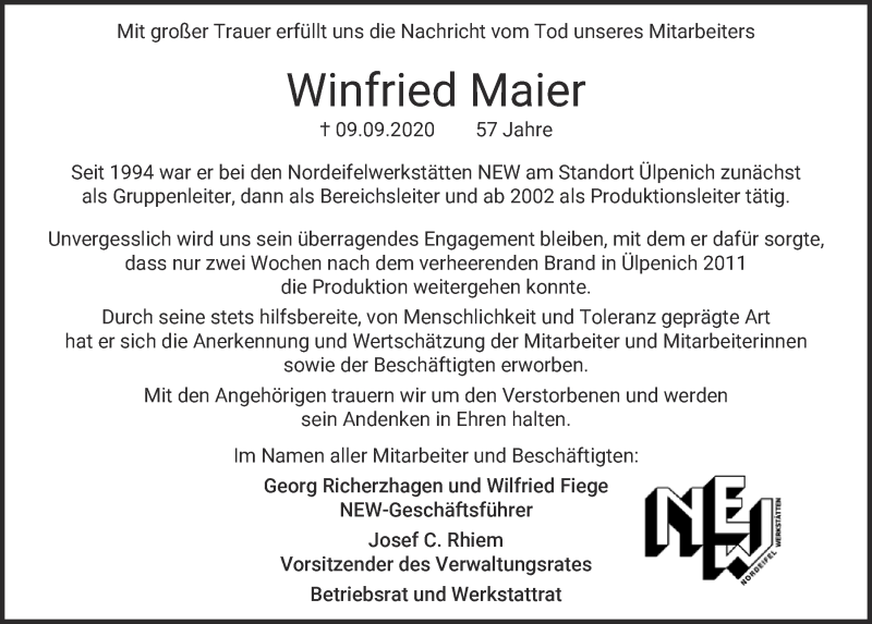  Traueranzeige für Winfried Maier vom 19.09.2020 aus  Blickpunkt Euskirchen 