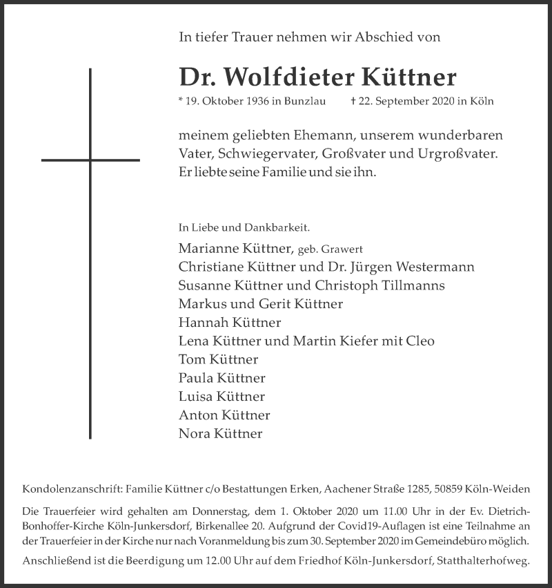  Traueranzeige für Wolfdieter Küttner vom 26.09.2020 aus Kölner Stadt-Anzeiger / Kölnische Rundschau / Express