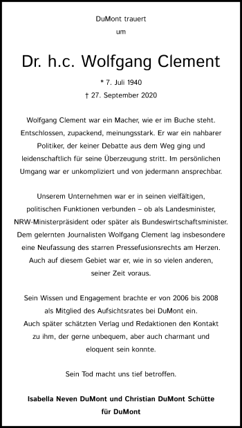Anzeige von Wolfgang Clement von Kölner Stadt-Anzeiger / Kölnische Rundschau / Express