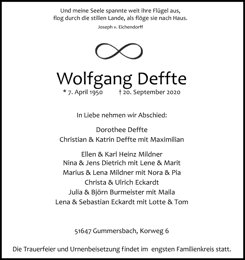  Traueranzeige für Wolfgang Deffte vom 26.09.2020 aus Kölner Stadt-Anzeiger / Kölnische Rundschau / Express