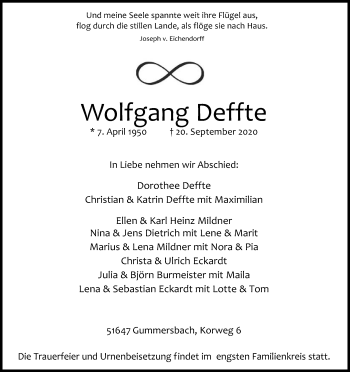 Anzeige von Wolfgang Deffte von Kölner Stadt-Anzeiger / Kölnische Rundschau / Express