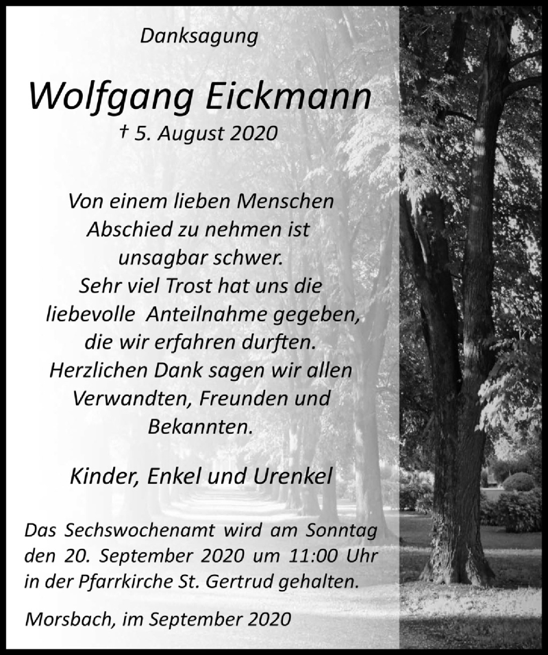  Traueranzeige für Wolfgang Eickmann vom 11.09.2020 aus  Lokalanzeiger 