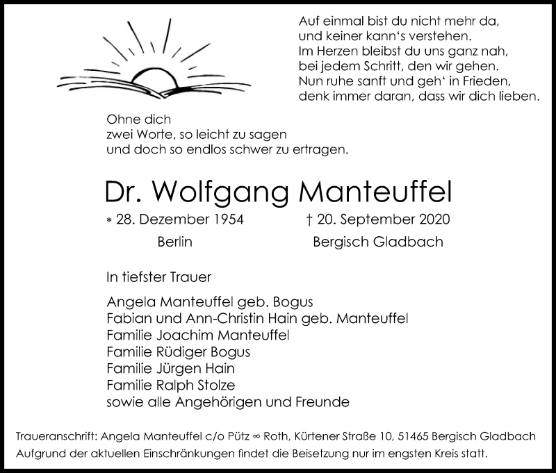  Traueranzeige für Wolfgang Manteuffel vom 26.09.2020 aus Kölner Stadt-Anzeiger / Kölnische Rundschau / Express