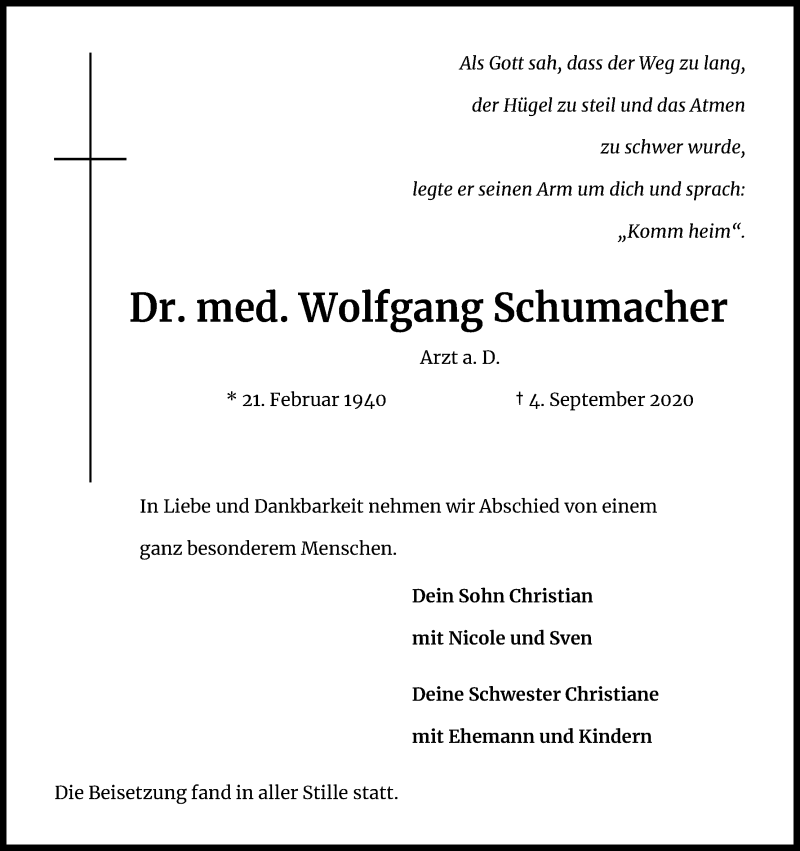  Traueranzeige für Wolfgang Schumacher vom 16.09.2020 aus Kölner Stadt-Anzeiger / Kölnische Rundschau / Express