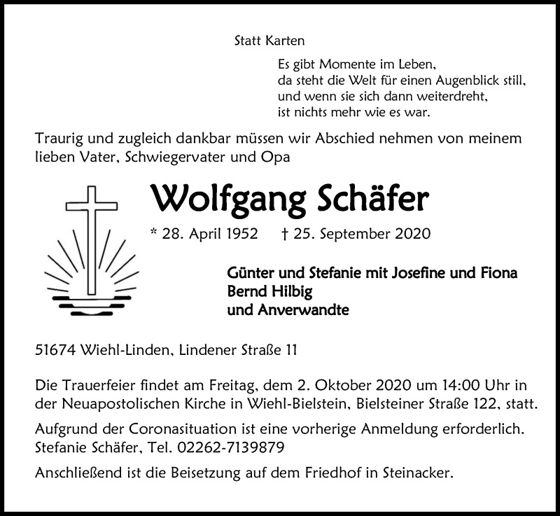  Traueranzeige für Wolfgang Schäfer vom 29.09.2020 aus Kölner Stadt-Anzeiger / Kölnische Rundschau / Express