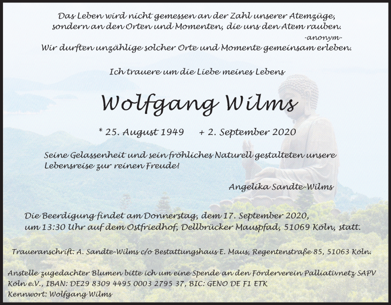  Traueranzeige für Wolfgang Wilms vom 12.09.2020 aus Kölner Stadt-Anzeiger / Kölnische Rundschau / Express