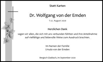 Anzeige von Wolfgang von der Emden von Kölner Stadt-Anzeiger / Kölnische Rundschau / Express