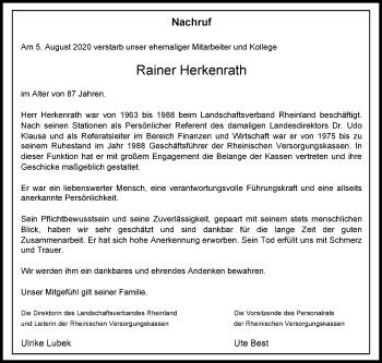 Anzeige von Rainer Herkenrath von Kölner Wochenspiegel