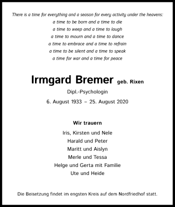 Anzeige von Irmgard Bremer von Kölner Stadt-Anzeiger / Kölnische Rundschau / Express