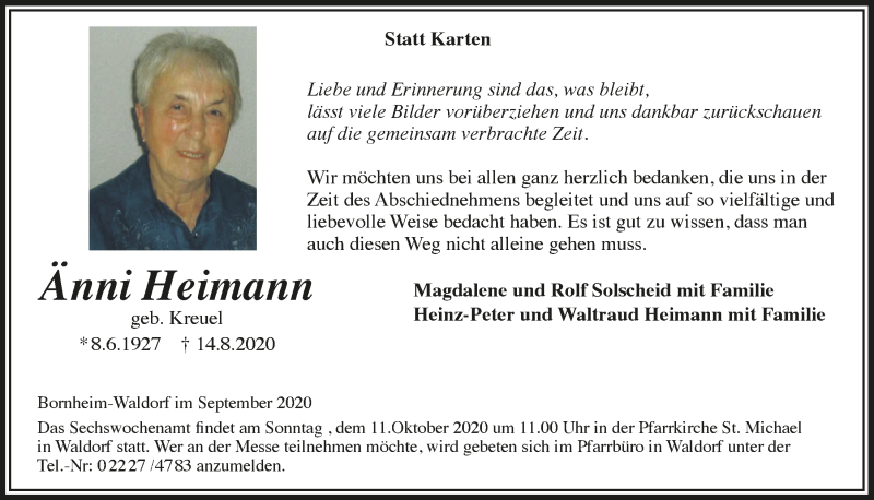  Traueranzeige für Änni Heimann vom 25.09.2020 aus  Schaufenster/Blickpunkt 