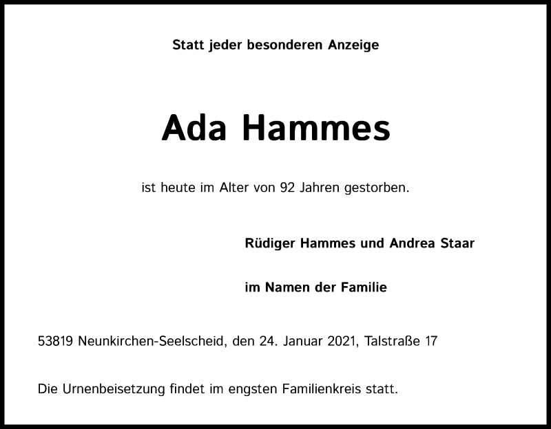  Traueranzeige für Ada Hammes vom 30.01.2021 aus Kölner Stadt-Anzeiger / Kölnische Rundschau / Express