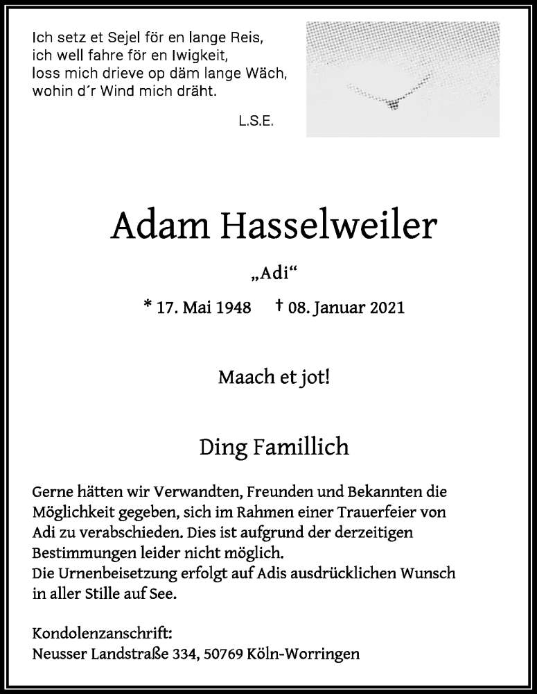  Traueranzeige für Adam Hasselweiler vom 23.01.2021 aus Kölner Stadt-Anzeiger / Kölnische Rundschau / Express