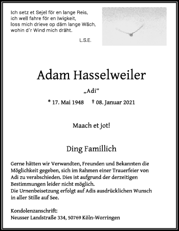 Anzeige von Adam Hasselweiler von Kölner Stadt-Anzeiger / Kölnische Rundschau / Express
