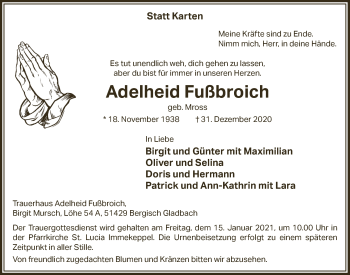 Anzeige von Adelheid Fußbroich von  Bergisches Handelsblatt 