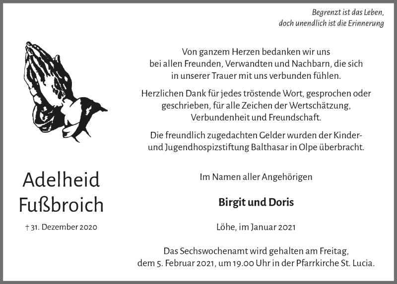  Traueranzeige für Adelheid Fußbroich vom 29.01.2021 aus  Bergisches Handelsblatt 