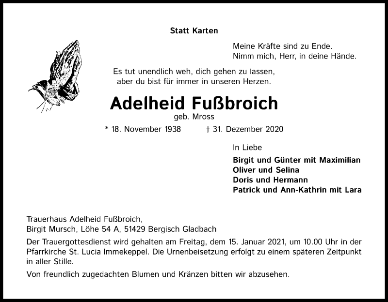  Traueranzeige für Adelheid Fußbroich vom 09.01.2021 aus Kölner Stadt-Anzeiger / Kölnische Rundschau / Express