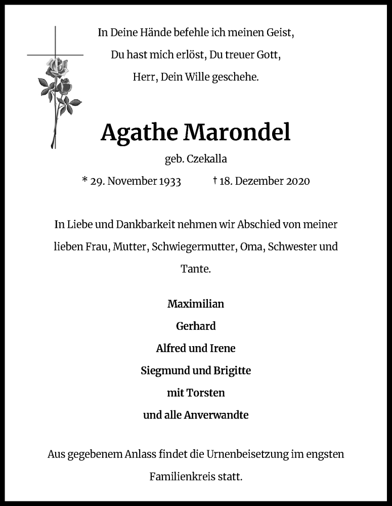  Traueranzeige für Agathe Marondel vom 09.01.2021 aus Kölner Stadt-Anzeiger / Kölnische Rundschau / Express