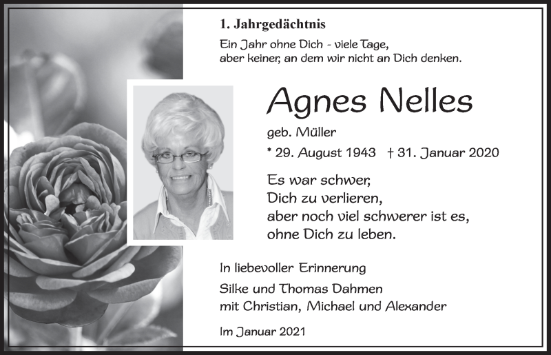  Traueranzeige für Agnes Nelles vom 30.01.2021 aus  Blickpunkt Euskirchen 