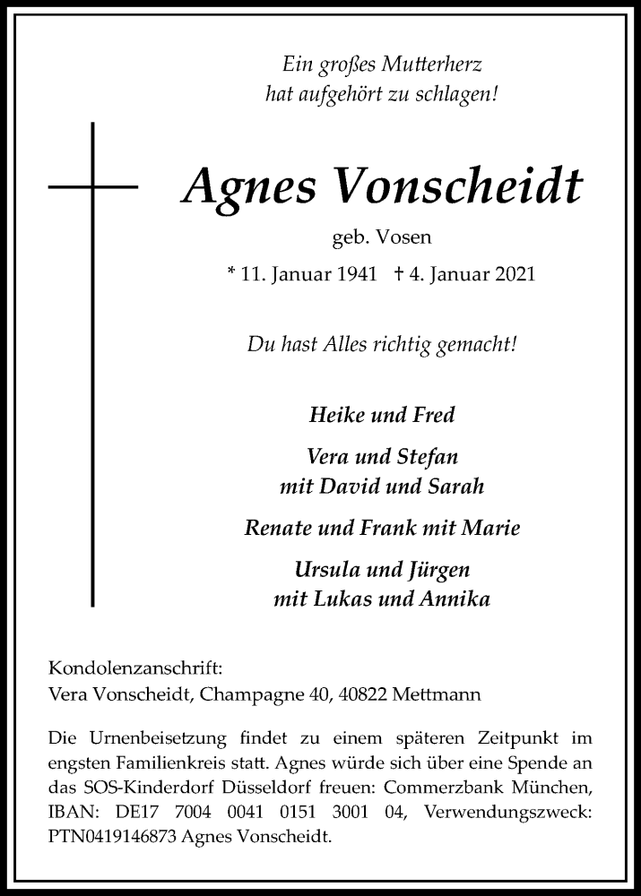  Traueranzeige für Agnes Vonscheidt vom 09.01.2021 aus Kölner Stadt-Anzeiger / Kölnische Rundschau / Express