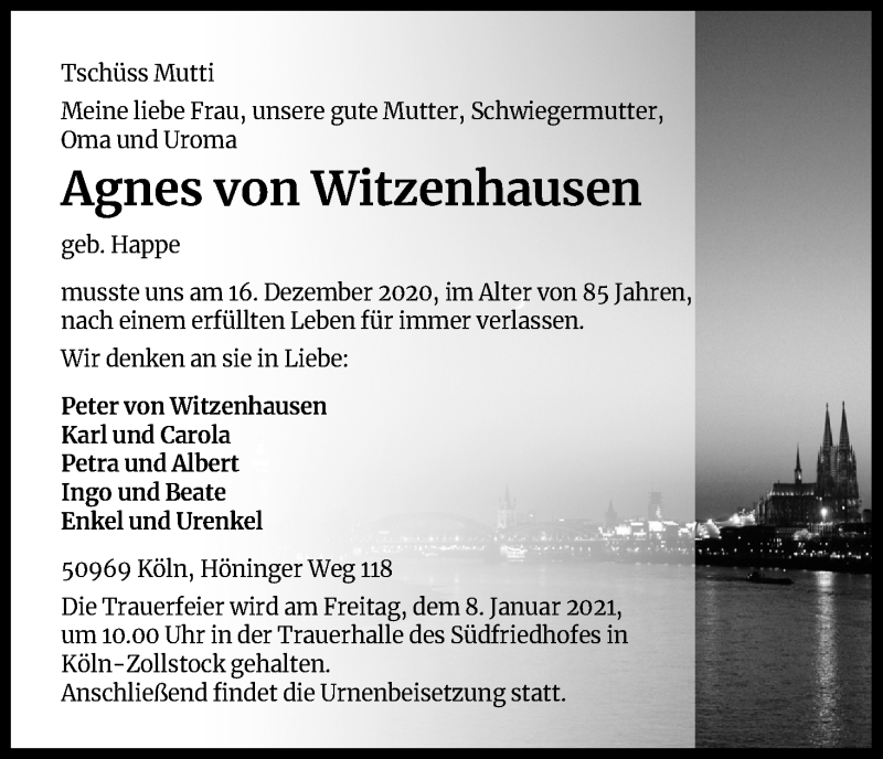  Traueranzeige für Agnes von Witzenhausen vom 02.01.2021 aus Kölner Stadt-Anzeiger / Kölnische Rundschau / Express