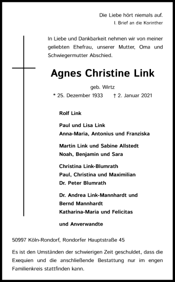 Anzeige von Agnes Christine Link von Kölner Stadt-Anzeiger / Kölnische Rundschau / Express