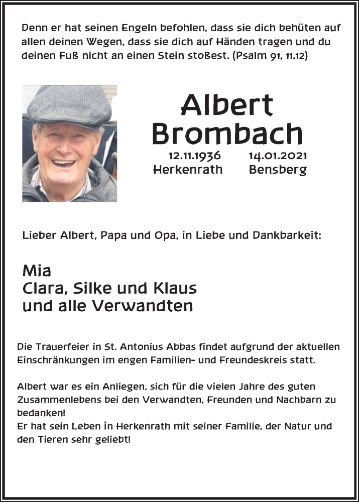  Traueranzeige für Albert Brombach vom 30.01.2021 aus Kölner Stadt-Anzeiger / Kölnische Rundschau / Express