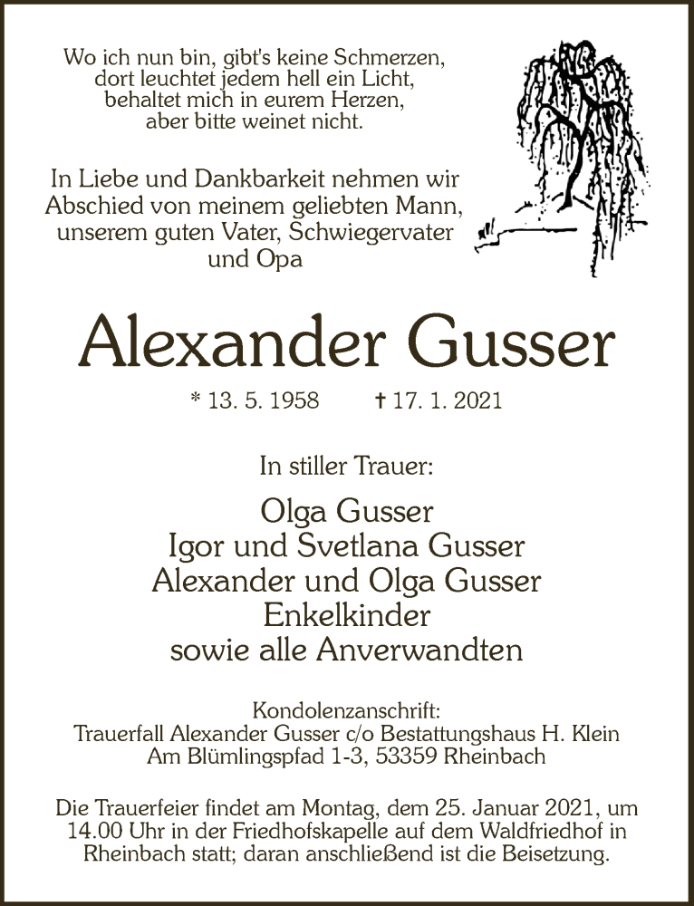  Traueranzeige für Alexander Gusser vom 22.01.2021 aus  Schaufenster/Blickpunkt 