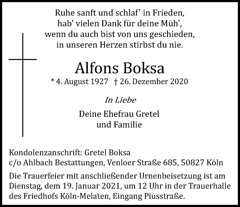  Traueranzeige für Alfons Boksa vom 09.01.2021 aus Kölner Stadt-Anzeiger / Kölnische Rundschau / Express