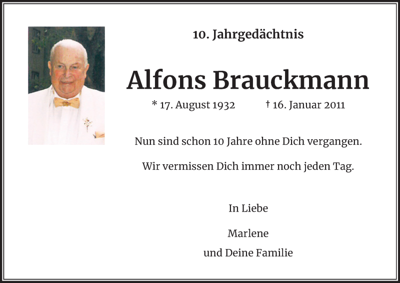  Traueranzeige für Alfons Brauckmann vom 16.01.2021 aus Kölner Stadt-Anzeiger / Kölnische Rundschau / Express