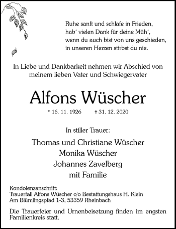 Anzeige von Alfons Wüscher von  Schaufenster/Blickpunkt 