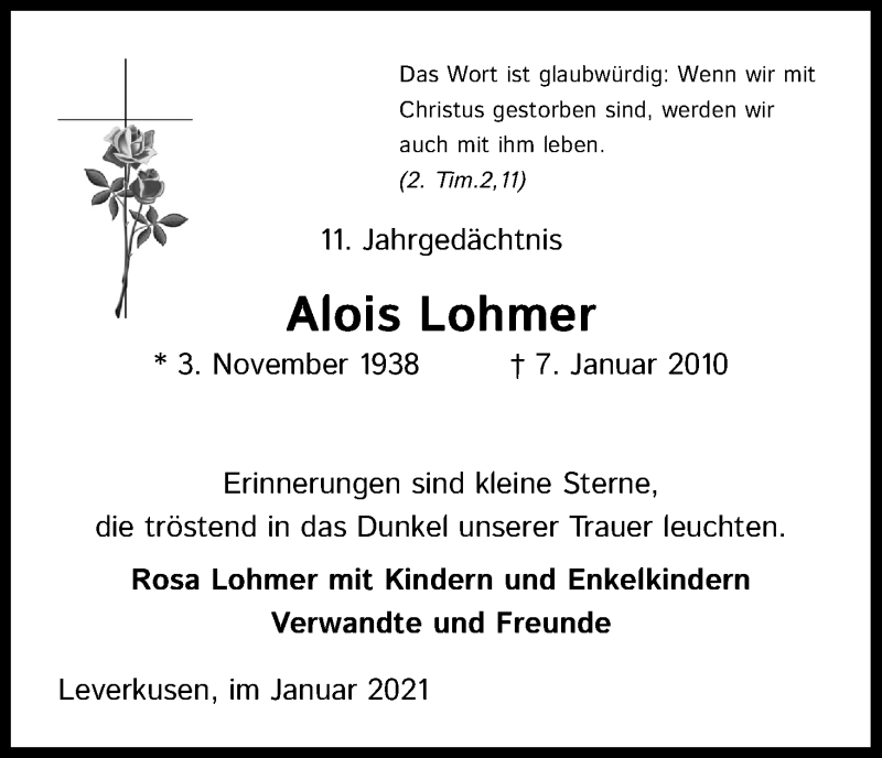  Traueranzeige für Alois Lohmer vom 18.07.2023 aus Kölner Stadt-Anzeiger / Kölnische Rundschau / Express