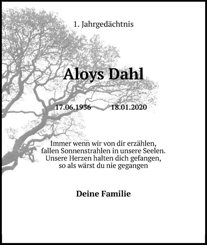  Traueranzeige für Aloys Dahl vom 23.01.2021 aus Kölner Stadt-Anzeiger / Kölnische Rundschau / Express