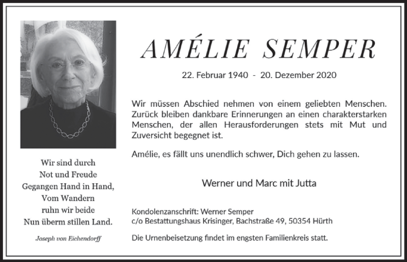  Traueranzeige für Amelie Semper vom 08.01.2021 aus  Wochenende 
