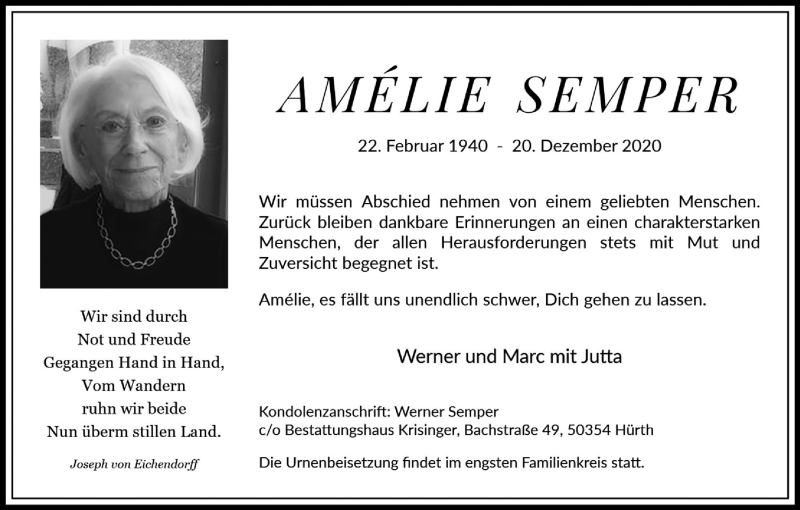  Traueranzeige für Amelie Semper vom 09.01.2021 aus Kölner Stadt-Anzeiger / Kölnische Rundschau / Express