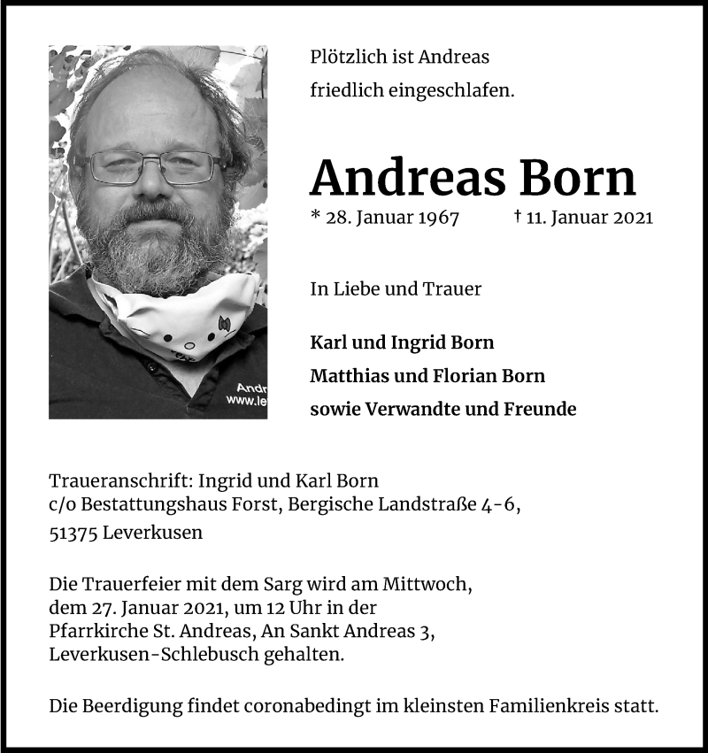  Traueranzeige für Andreas Born vom 23.01.2021 aus Kölner Stadt-Anzeiger / Kölnische Rundschau / Express