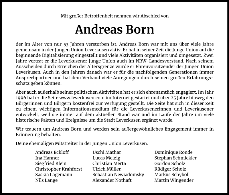  Traueranzeige für Andreas Born vom 26.01.2021 aus Kölner Stadt-Anzeiger / Kölnische Rundschau / Express