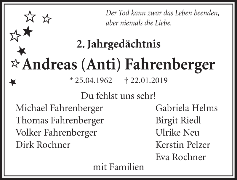  Traueranzeige für Andreas Fahrenberger vom 22.01.2021 aus  Schlossbote/Werbekurier 