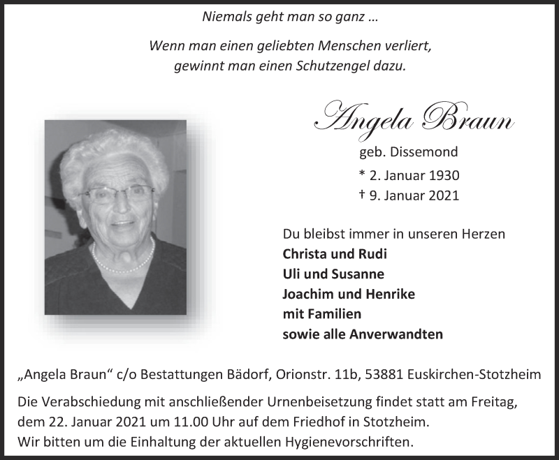  Traueranzeige für Angela Braun vom 16.01.2021 aus  Blickpunkt Euskirchen 