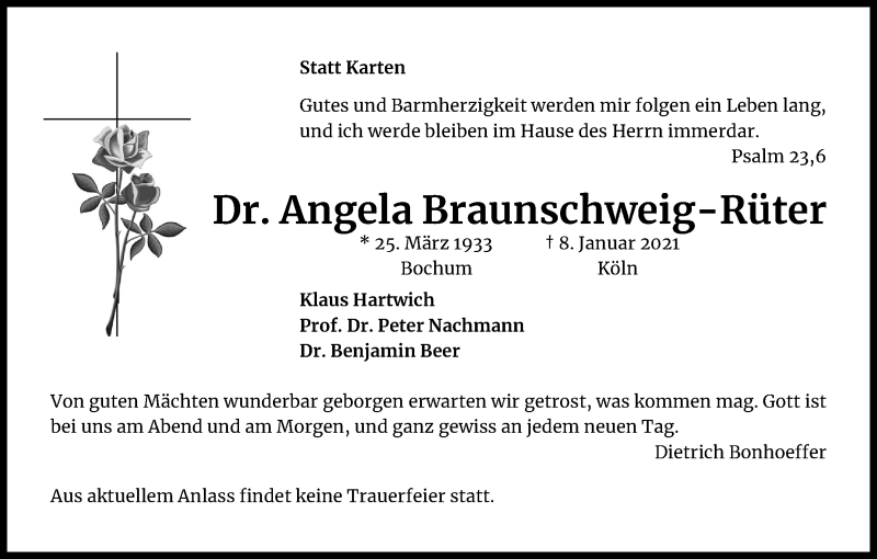  Traueranzeige für Angela Braunschweig-Rüter vom 23.01.2021 aus Kölner Stadt-Anzeiger / Kölnische Rundschau / Express