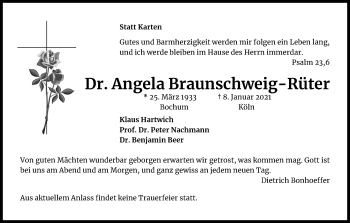 Anzeige von Angela Braunschweig-Rüter von Kölner Stadt-Anzeiger / Kölnische Rundschau / Express