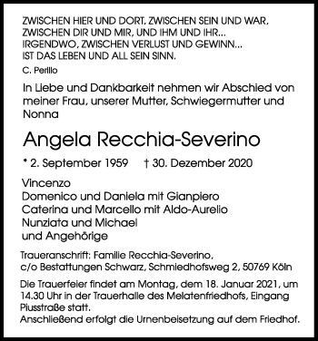 Anzeige von Angela Recchia-Severino von Kölner Stadt-Anzeiger / Kölnische Rundschau / Express