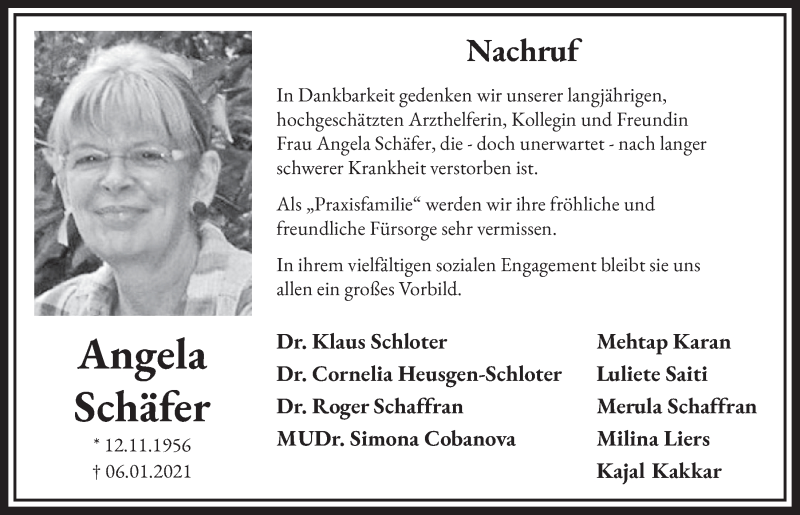 Traueranzeige für Angela Schäfer vom 22.01.2021 aus  Schlossbote/Werbekurier 