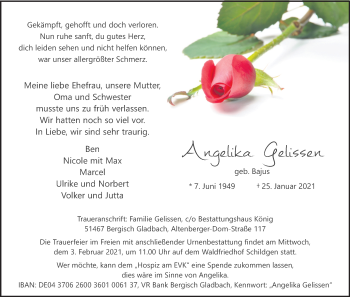 Anzeige von Angelika Gelissen von Kölner Stadt-Anzeiger / Kölnische Rundschau / Express